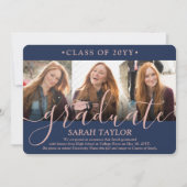 Invitation 4 Photo Graduation Party Marine Bleu & Pink Script (Devant)