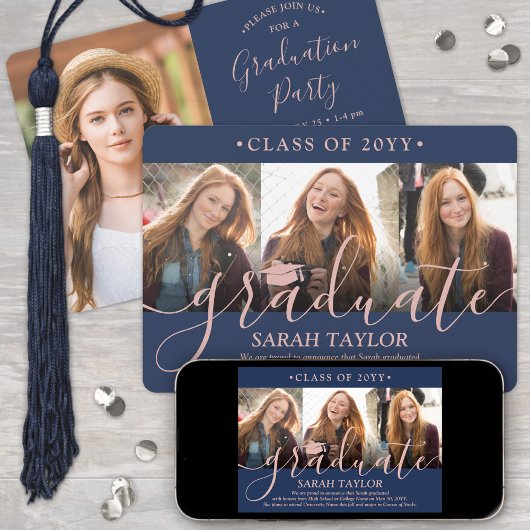 Invitation 4 Photo Graduation Party Marine Bleu & Pink Script