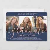 Invitation 4 Photo Graduation Party Marine Bleu & Pink Script (Devant)