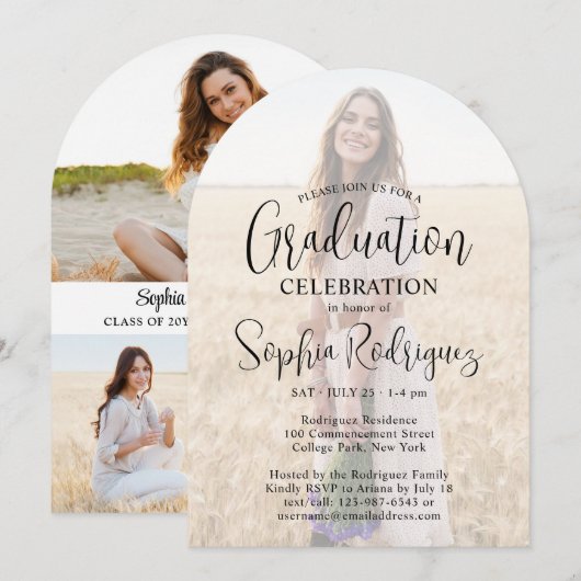 Invitation 4 Photo Modern Script Overlay Graduation Party (Devant / Derrière)