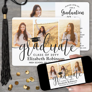 Invitation 4 Photo Moderne Élégant Script Graduation Party