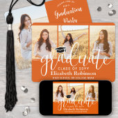 Invitation 4 Photo Orange et White Script Graduation Party