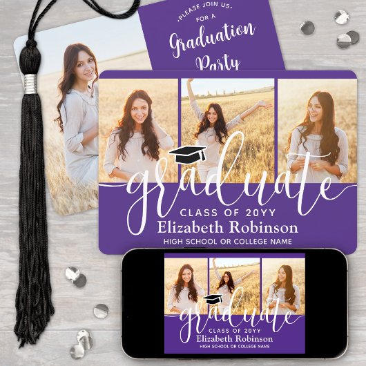 Invitation 4 Photo Purple and White Script Graduation Party
