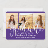 Invitation 4 Photo Purple and White Script Graduation Party (Devant)