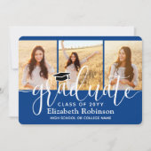 Invitation 4 Photo Royal Blue & White Script Graduation Party (Devant)