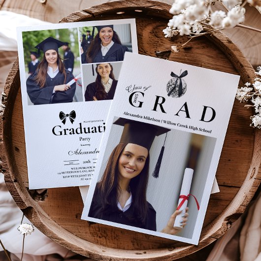 Invitation 4 Photos Black Bow Disco Ball Graduation Party