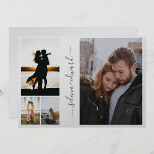 Invitation 4 Photos Grille Métallic Mariage Script Argent