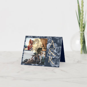 Invitation 4 Photos Mariage bleu marine et or floral