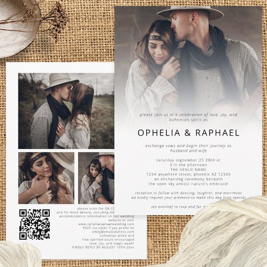 Invitation 4 Photos superposer QR Code Mariage de Bohême