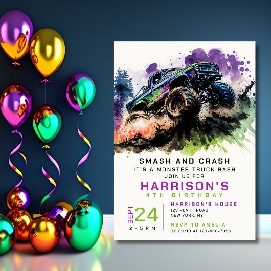 Invitation 4Anniversaire Monster Truck Smash Crash Kids