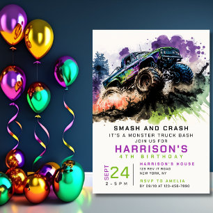 Invitation 4Anniversaire Monster Truck Smash Crash Kids