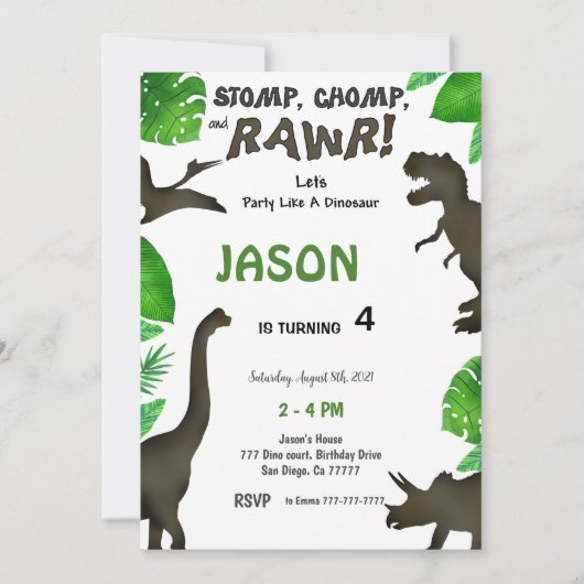 Invitation 4e anniversaire, anniversaire de Dinosaur (Devant)