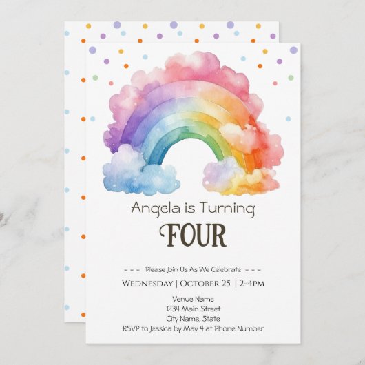 Invitation 4e anniversaire aquarelle Rainbow Kids (Devant / Derrière)