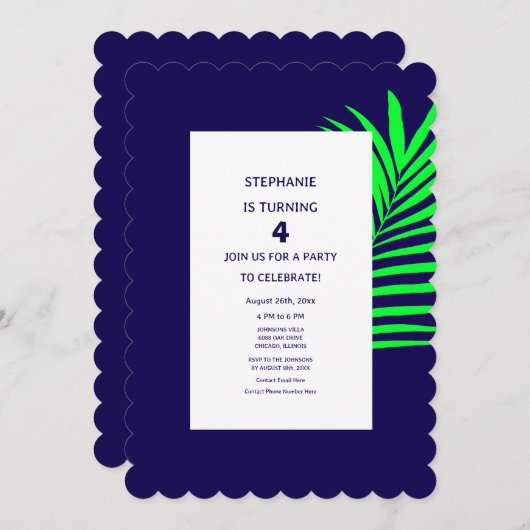 Invitation 4e anniversaire Blue Green Palm Leaf Tropical Four (Devant / Derrière)