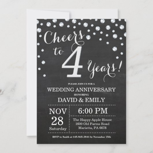 Invitation 4e anniversaire de mariage tableau noir argent (Devant)