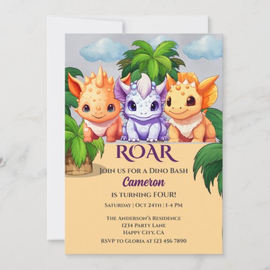 Invitation 4e anniversaire Dinosaur Party a Dino Bash (Devant)