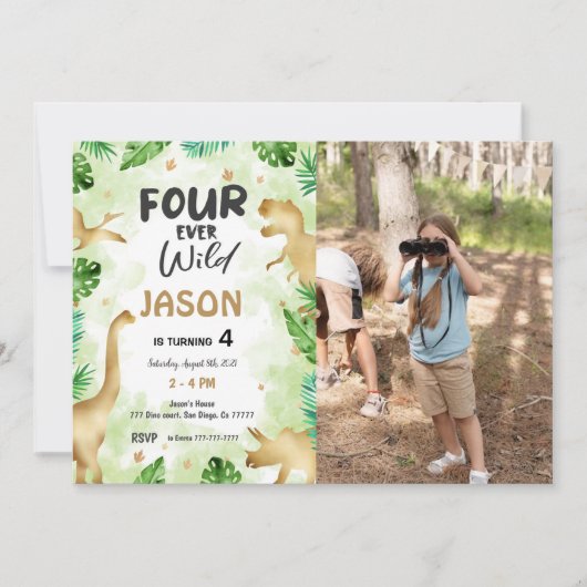 Invitation 4e anniversaire, Dinosaur photo (Devant)