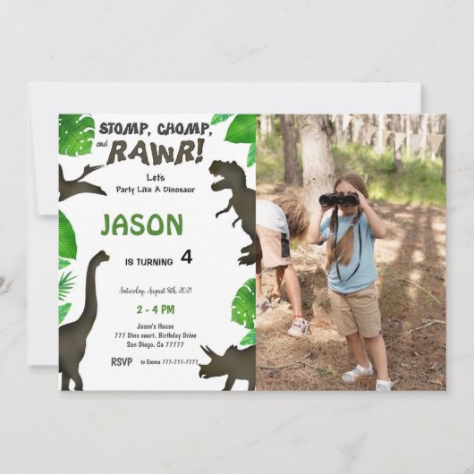 Invitation 4e anniversaire, Dinosaur photo (Devant)