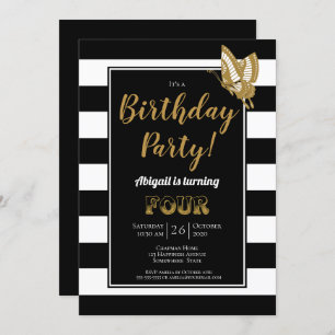 Invitation 4e anniversaire Fête des rayures noires et blanche