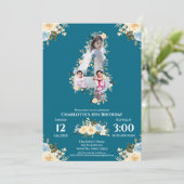 Invitation 4e anniversaire Fleur Turquoise photo Collage bleu (Debout devant)