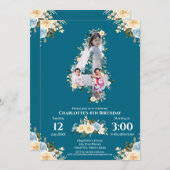 Invitation 4e anniversaire Fleur Turquoise photo Collage bleu (Devant / Derrière)