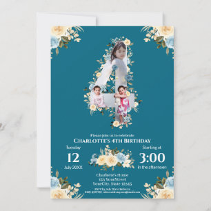 Invitation 4e anniversaire Fleur Turquoise photo Collage bleu