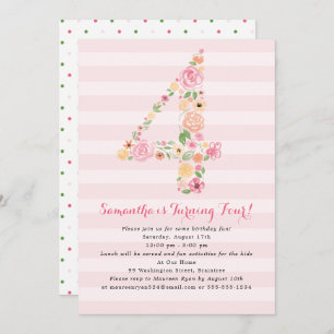 Invitation 4e anniversaire Flores d'aquarelle rose dans le nu