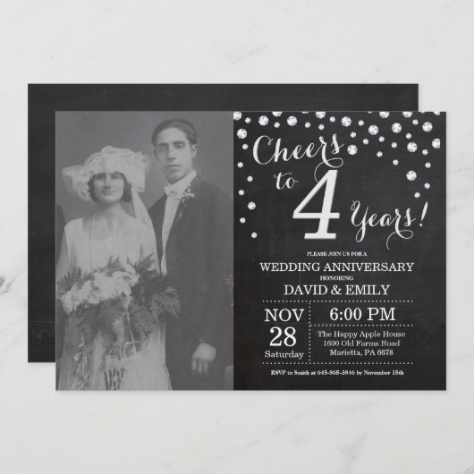 Invitation 4e anniversaire Mariage Chalkboard Black Silver (Devant / Derrière)