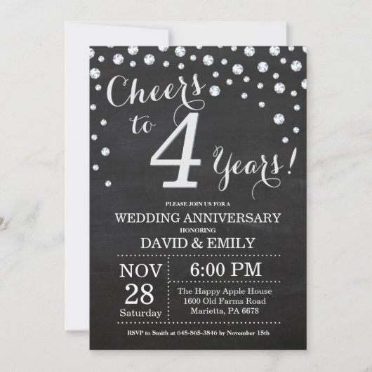 Invitation 4e anniversaire Mariage Chalkboard Black Silver (Devant)