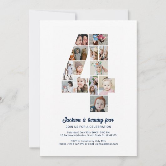 Invitation 4e anniversaire Numéro 4 Photo personnalisée Colla (Devant)