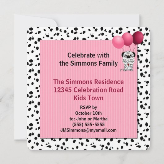 Invitation 4e anniversaire rose fête Dalmatie Thème (Dos)