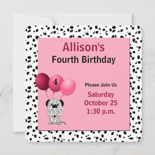 Invitation 4e anniversaire rose fête Dalmatie Thème (Devant)