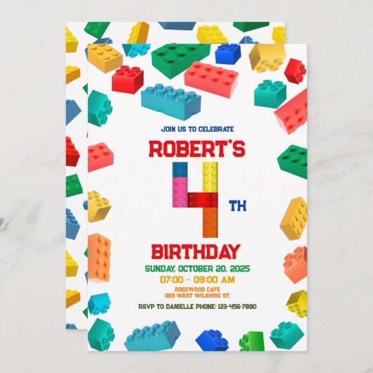 Invitation 4e Bâtiments Anniversaire, briques de bâtiment (Devant / Derrière)