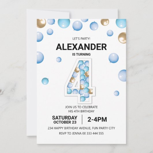 Invitation 4e fête d'anniversaire, Blue and Gold Balloon Boy (Devant)