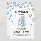 Invitation 4e fête d'anniversaire, Blue and Gold Balloon Boy (Devant / Derrière)