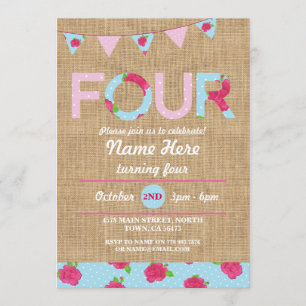 Invitation 4e fête d'anniversaire Four Burlap Rose Floral Inv