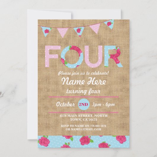 Invitation 4e fête d'anniversaire Four Rose Burlap Floral Inv (Devant)