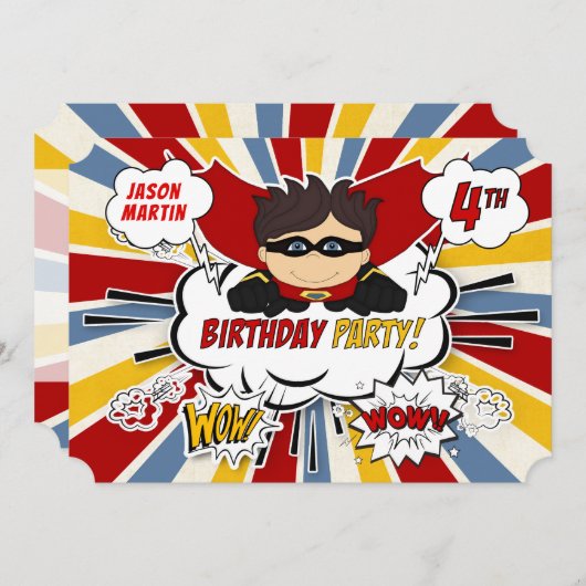 Invitation 4e fête d'anniversaire garçons Superhero Red Comic (Devant / Derrière)