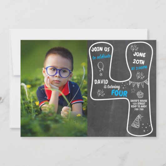 Invitation 4e tableau de bord des garçons avec numéro bleu ph (Devant)