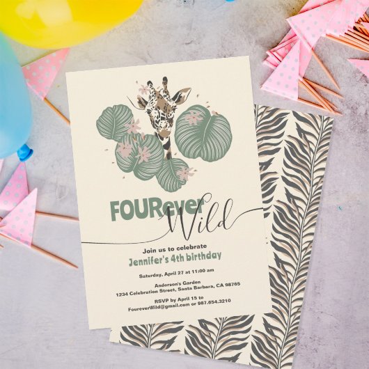 Invitation 4th Birthday Tropical Giraffe Animal Party