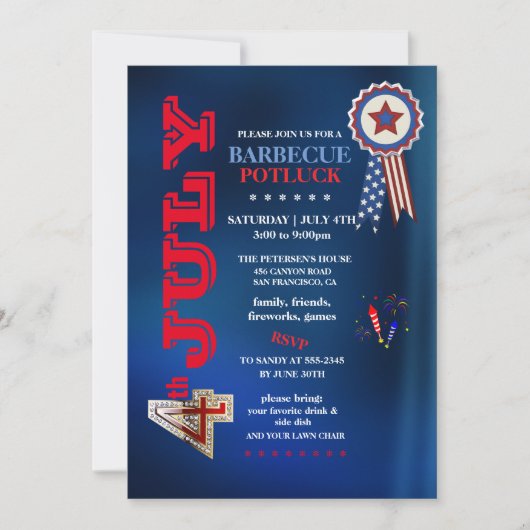 Invitation 4th of July Barbecue Potluck Party  (Devant)