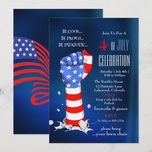 Invitation 4th of July Celebration American Flag Fist (Devant / Derrière)