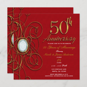Invitation 50 50e anniversaire du Red & Gold Elegant Diamond