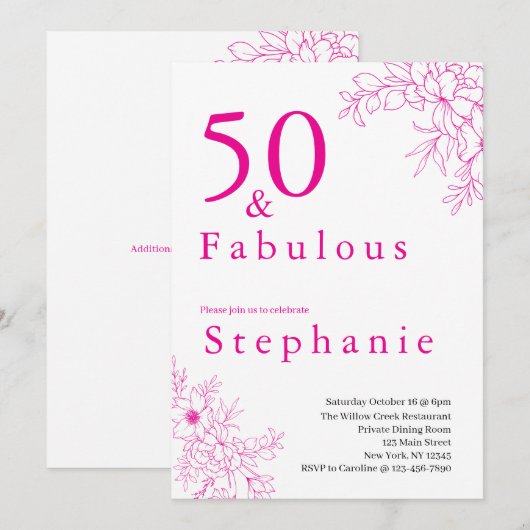 Invitation 50 and Fabulous | 50th Birthday Party Pink (Devant / Derrière)