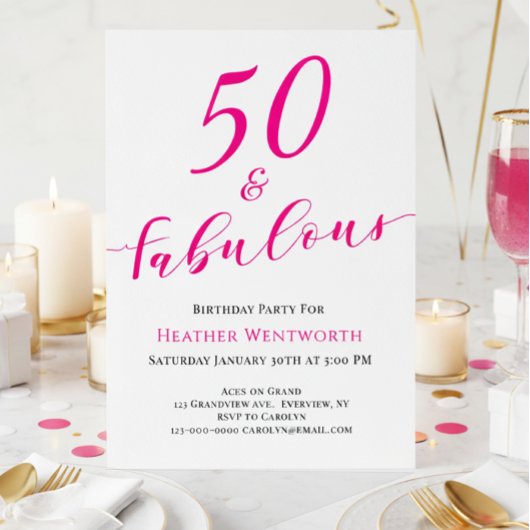 Invitation 50 and Fabulous Fiftieth Birthday Hot Pink Script