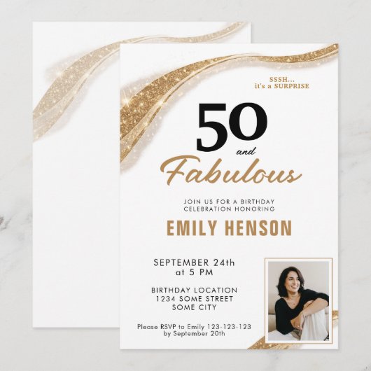 Invitation 50 and Fabulous Gold 50th Birthday (Devant / Derrière)