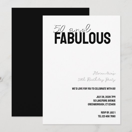 Invitation 50 and Fabulous Minimal 50th Birthday Party (Devant / Derrière)