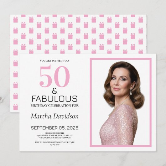 Invitation 50 and Fabulous Pink 50th Birthday (Devant / Derrière)