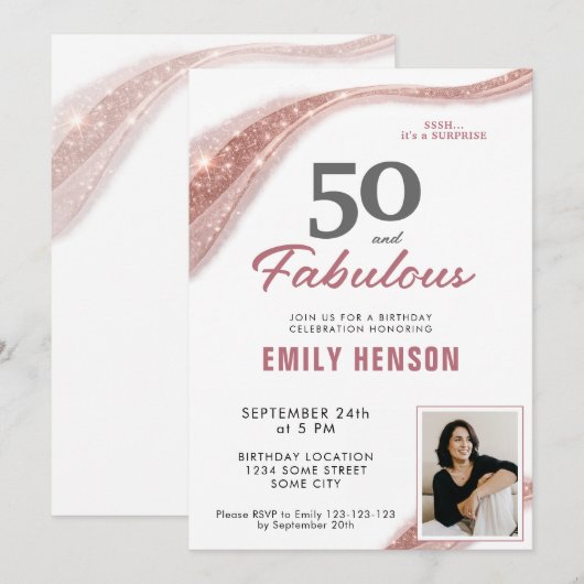 Invitation 50 and Fabulous Rose Gold 50th Birthday (Devant / Derrière)