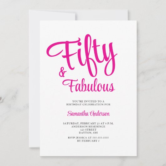 Invitation 50 and Fabulous Script Pink 50th Birthday Party  (Devant)